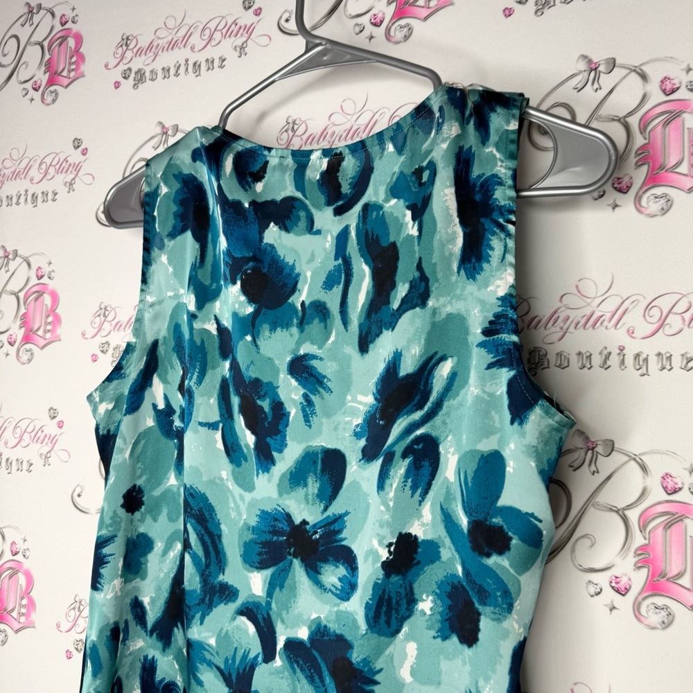 Ann Taylor tank top ruffle frilly Floral Sleeveless Blouse in Blue and Green - Picture 4 of 12